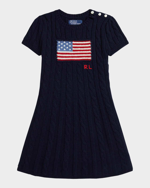 Girl's American Flag Cashmere Cable Knit Dress, Size 2-